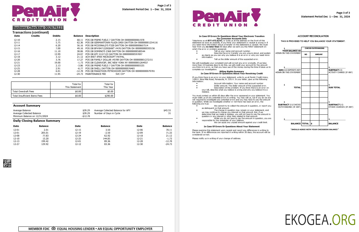 États Unis Floride Relevé bancaire PenAir Credit Union, 3 pages 2